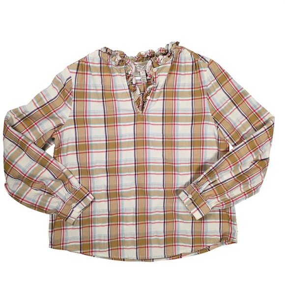 St. John's Bay Tops - St. John's Bay Plaid Ruffle Neck Henley Tunic Womens M Western Cottage
